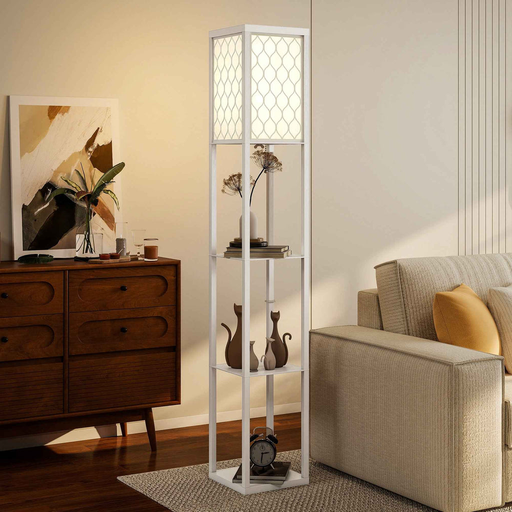 HOMCOM 2-in-1 Modern Floor Lamp with 3 Shelves, E27 Socket, 26 x 26 x 160 cm, White