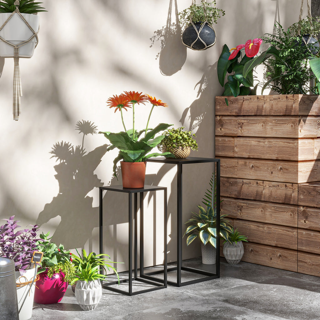 Plant Stand Table Set of 2 in Steel for Indoor and Outdoor Use, 25x25x58.5 cm and 31x31x65 cm, Black