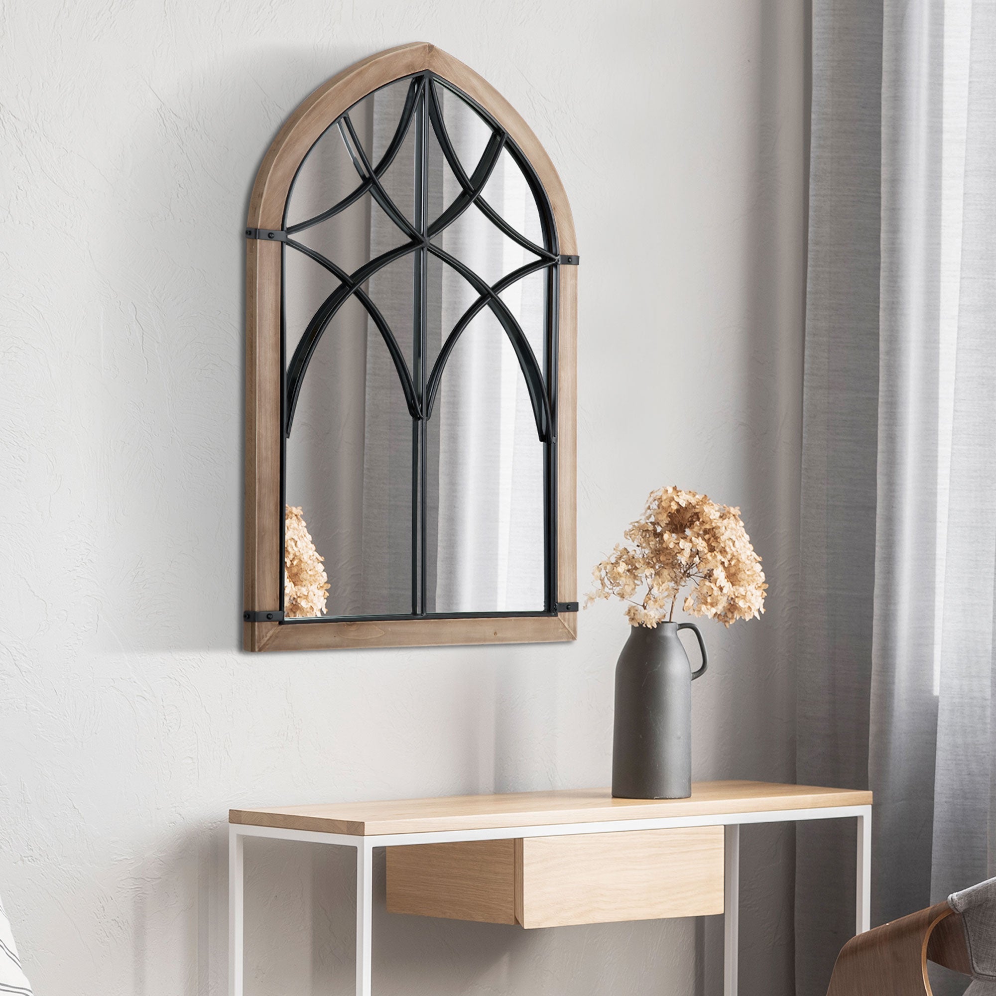 HOMCOM Arched Wall Mirror with Modern Details and Hooks, Wood and Glass, 60x93 cm, Brown and Black