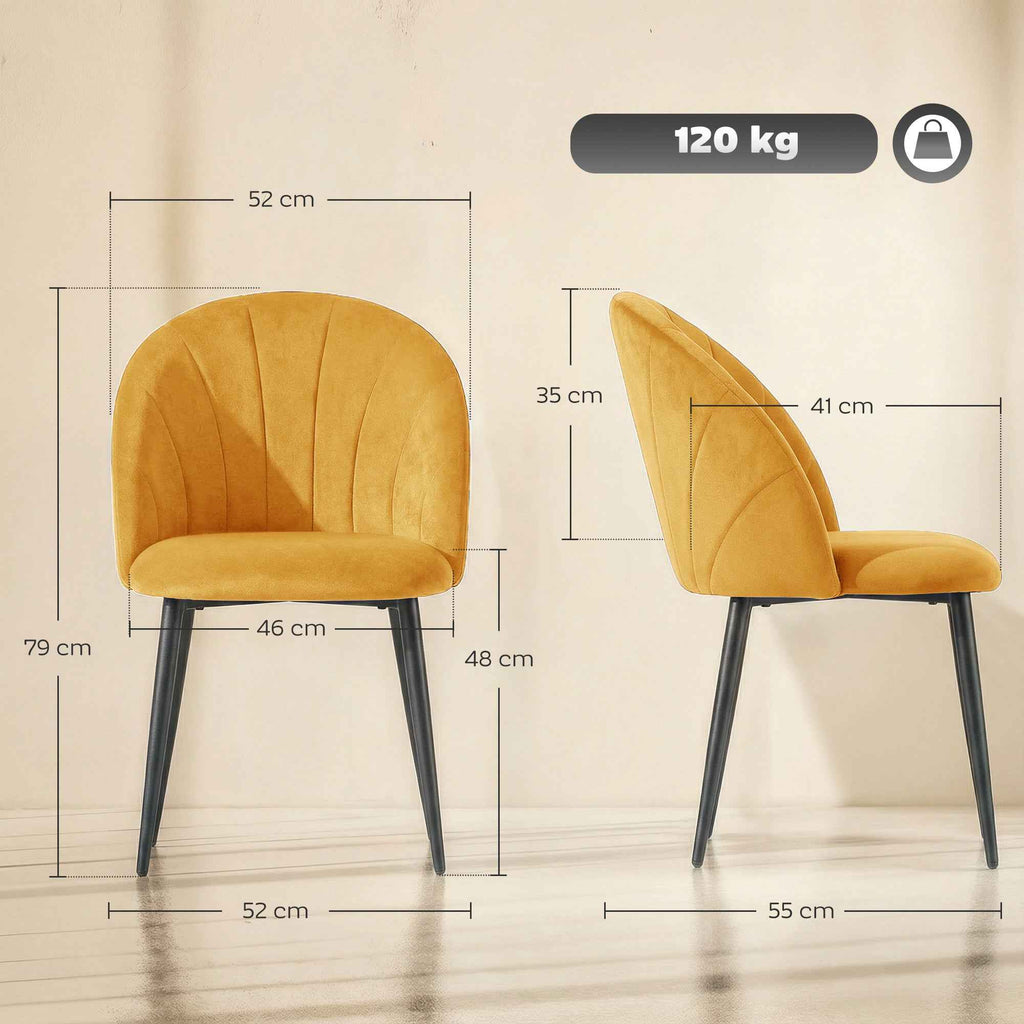 HOMCOM Set of 2 Velvet Shell-Back Dining Chairs, 52 x 55 x 79 cm, Yellow