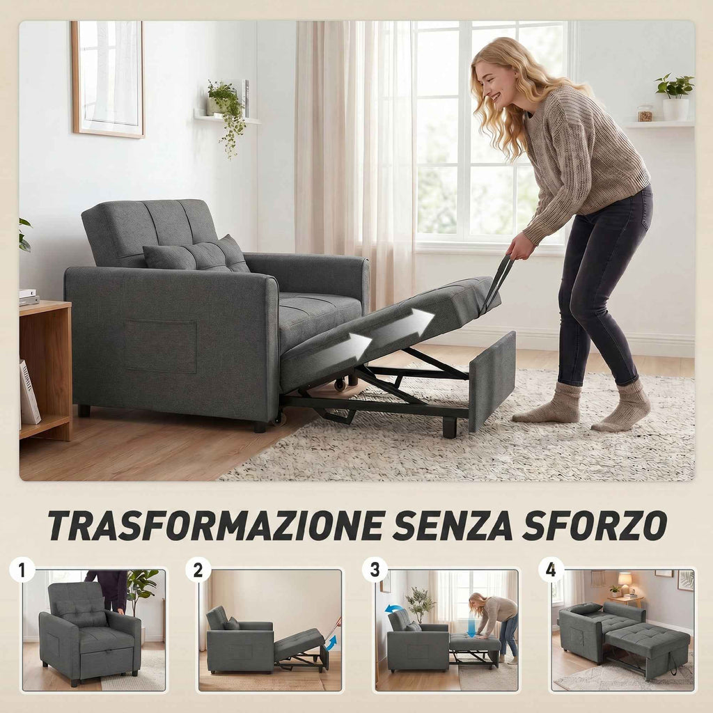 HOMCOM 3-in-1 Single Sofa Bed in Linen-Effect Fabric and Wood with Reclining Backrest, 69x82x85 cm, Grey