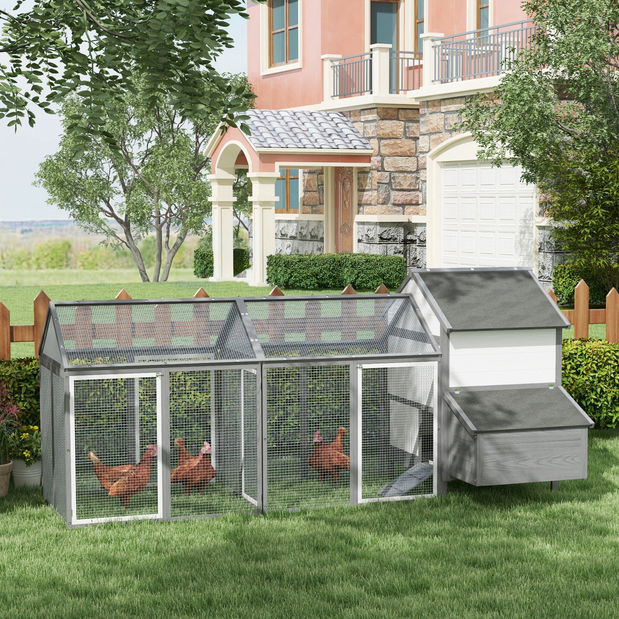 PawHut Outdoor Chicken Coop with Brooding Nest, Waterproof Roof, Removable Tray, Grey