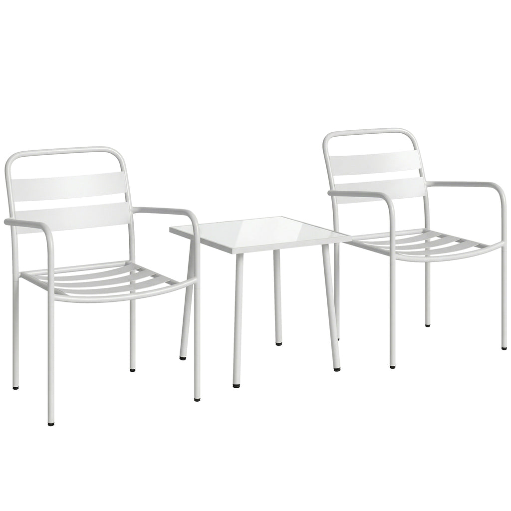 Outsunny 3-piece bistro set: glass table and 2 chairs, white outdoor furniture.