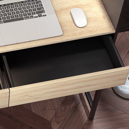 2 Drawer Desk with Top Shelf, Wood and Steel, 106x51.5x102.5 cm, Black and Oak Color