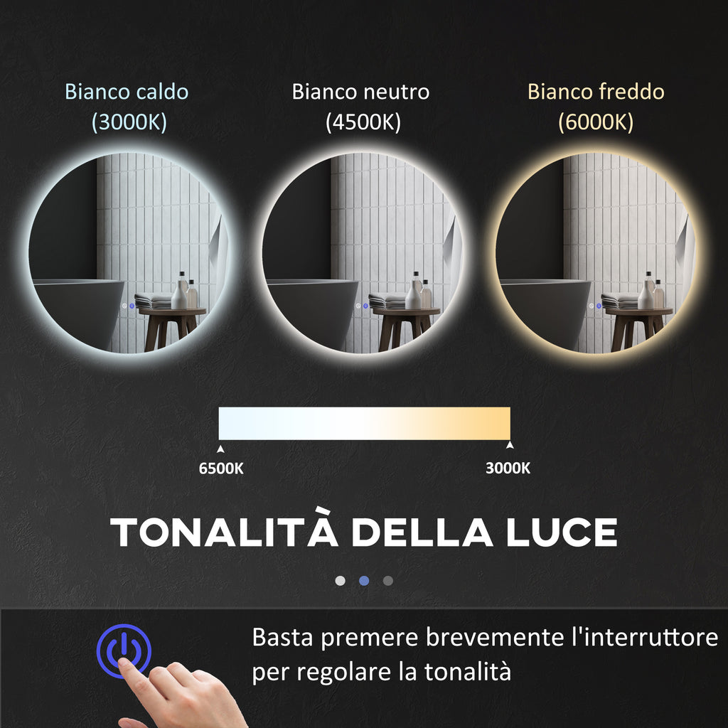 Bathroom Mirror with Dimmable LED Lights, Touch Switches and Anti-Fog Design, Ø70 cm