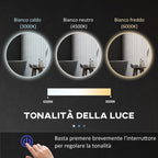 Bathroom Mirror with Dimmable LED Lights, Touch Switches and Anti-Fog Design, Ø70 cm