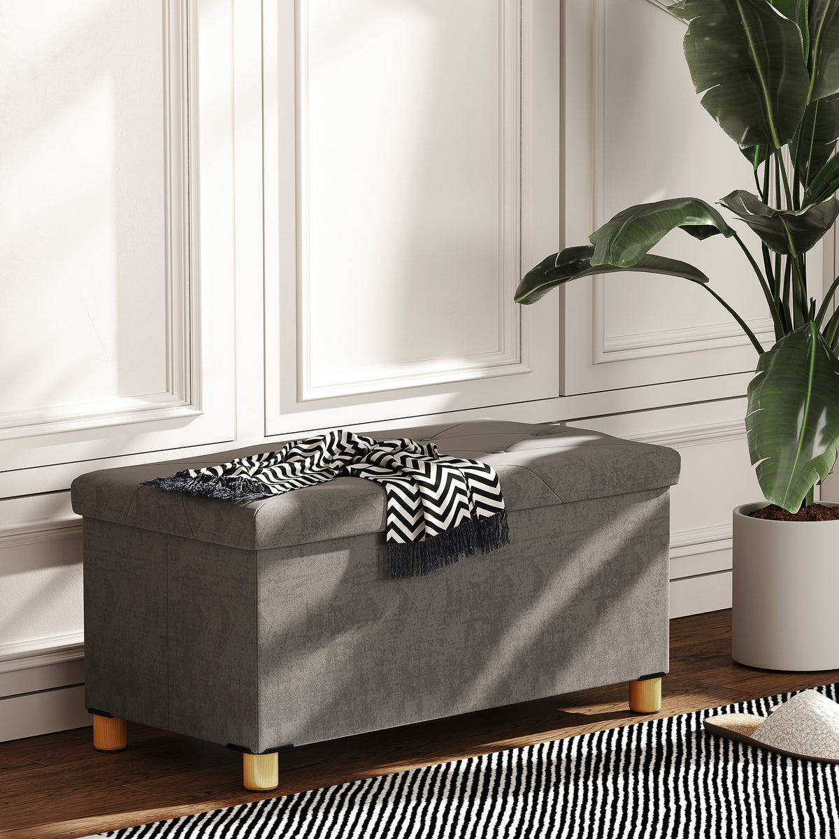 HOMCOM 67L Folding Storage Bench with Padded Lid and Velvet Lining, 76x38x38cm, Grey