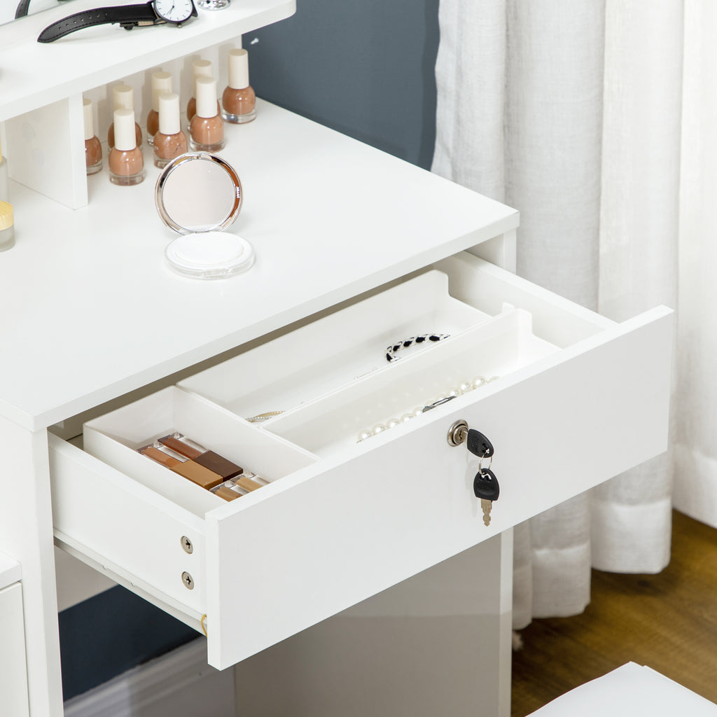 Dressing Table with Mirror, Dressing Table, Stool, 4 Drawers and 4 Shelves, White