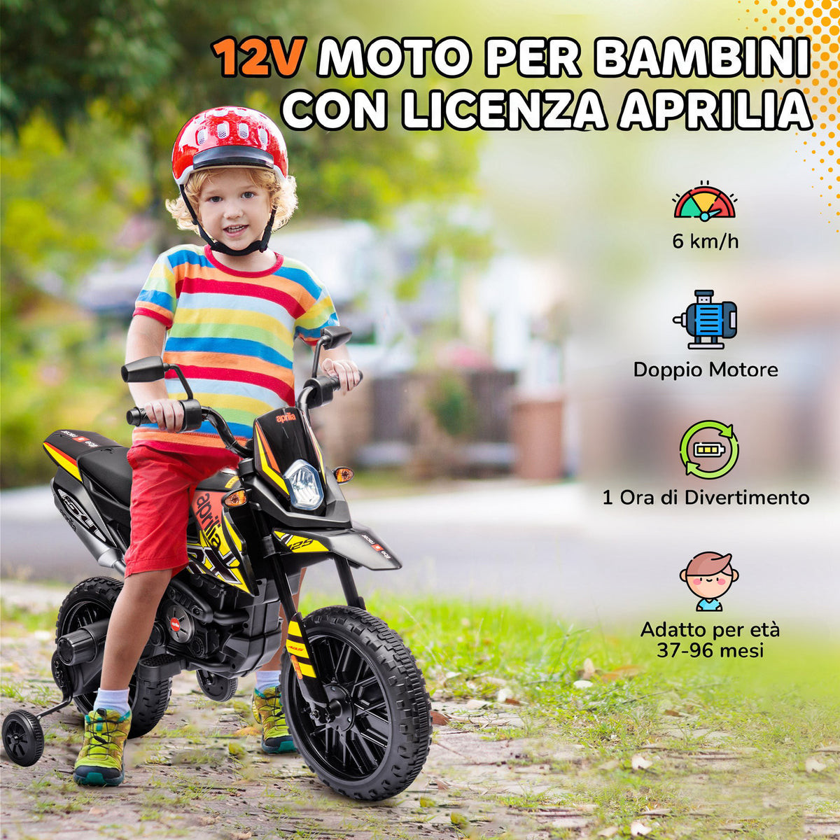 AIYAPLAY Electric Motorcycle for Children 37-96 Months with 12V Dual Motors and Removable Wheels, 30kg Capacity, Yellow