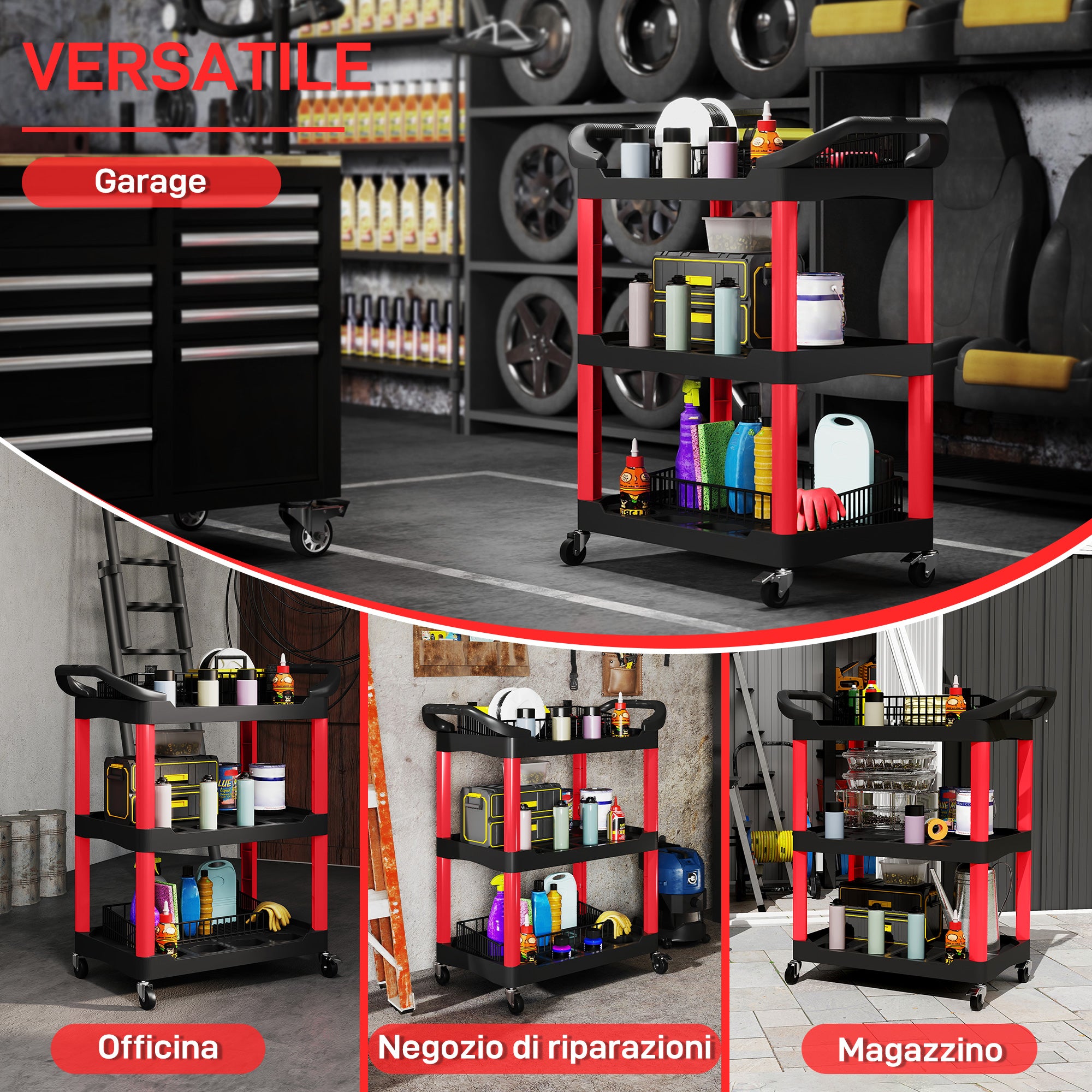 3-Tier Plastic Tool Cart with Handles and Wheels, Capacity 91 kg, 83x43x97 cm, Red