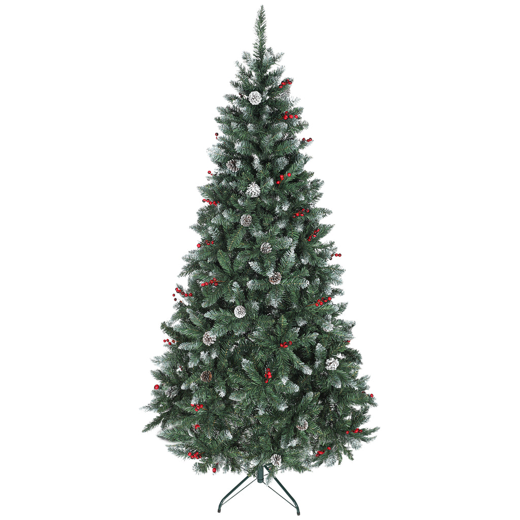 210cm Indoor Christmas Tree with 928 Branches, Pine Cones and Red Berries, Metal Base, Green
