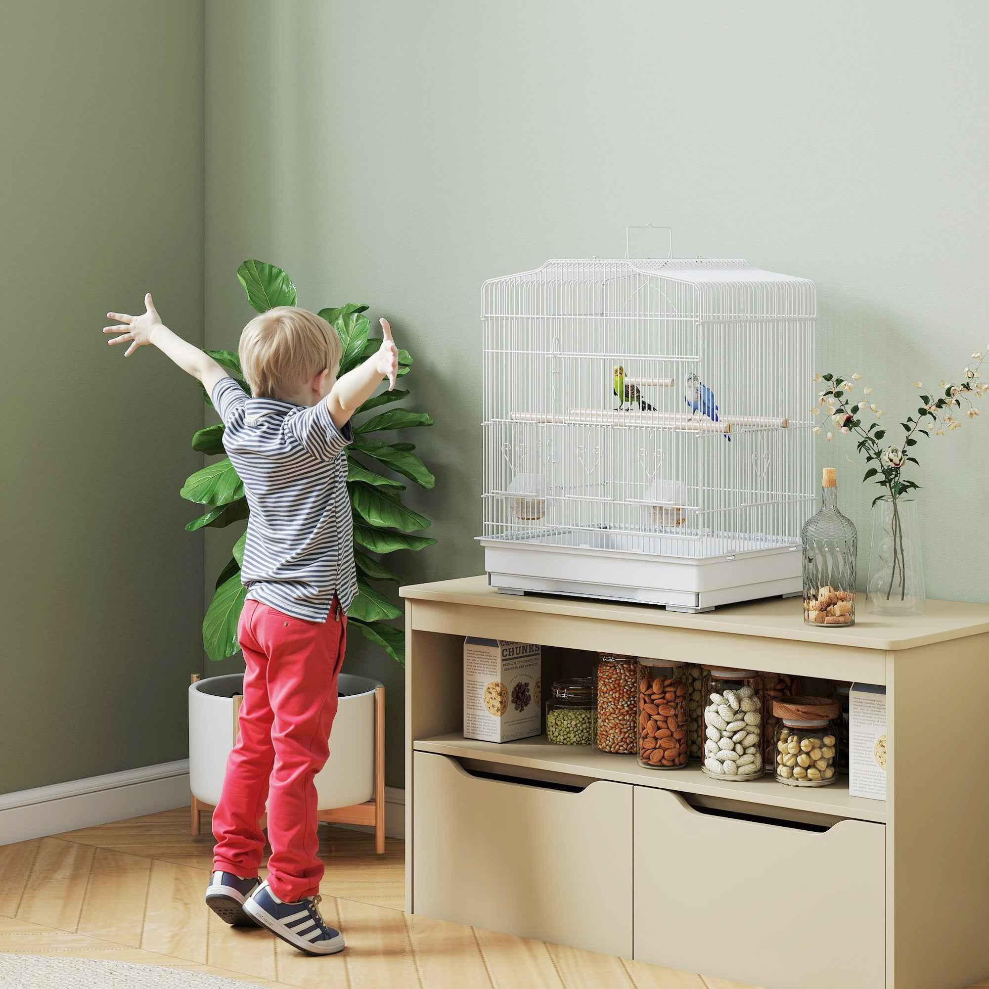 PawHut Portable Bird Cage with Handle, Removable Tray and 5 Doors, Perches and Swing, White