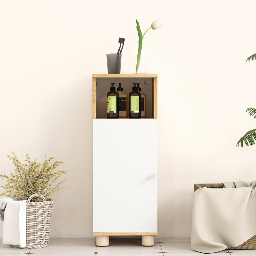Space-Saving Bathroom Cabinet with 2 Shelves and Open Compartment, 30x30x79.7 cm, White and Wood
