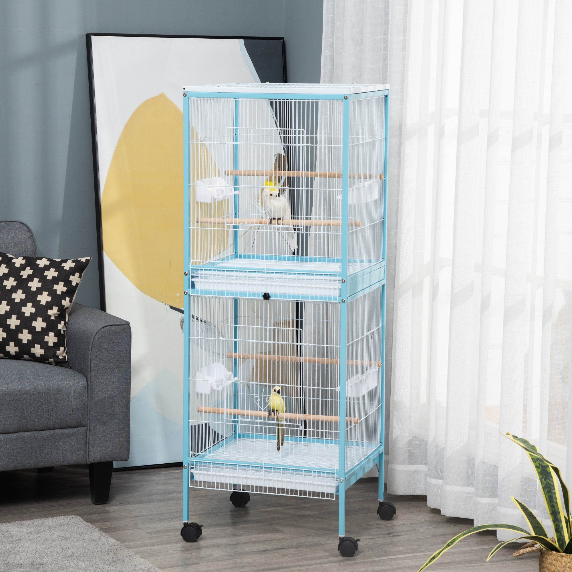 2-in-1 Bird Cage Indoor Aviary with 4 Wheels and Removable Trays, 51.5x50x140cm