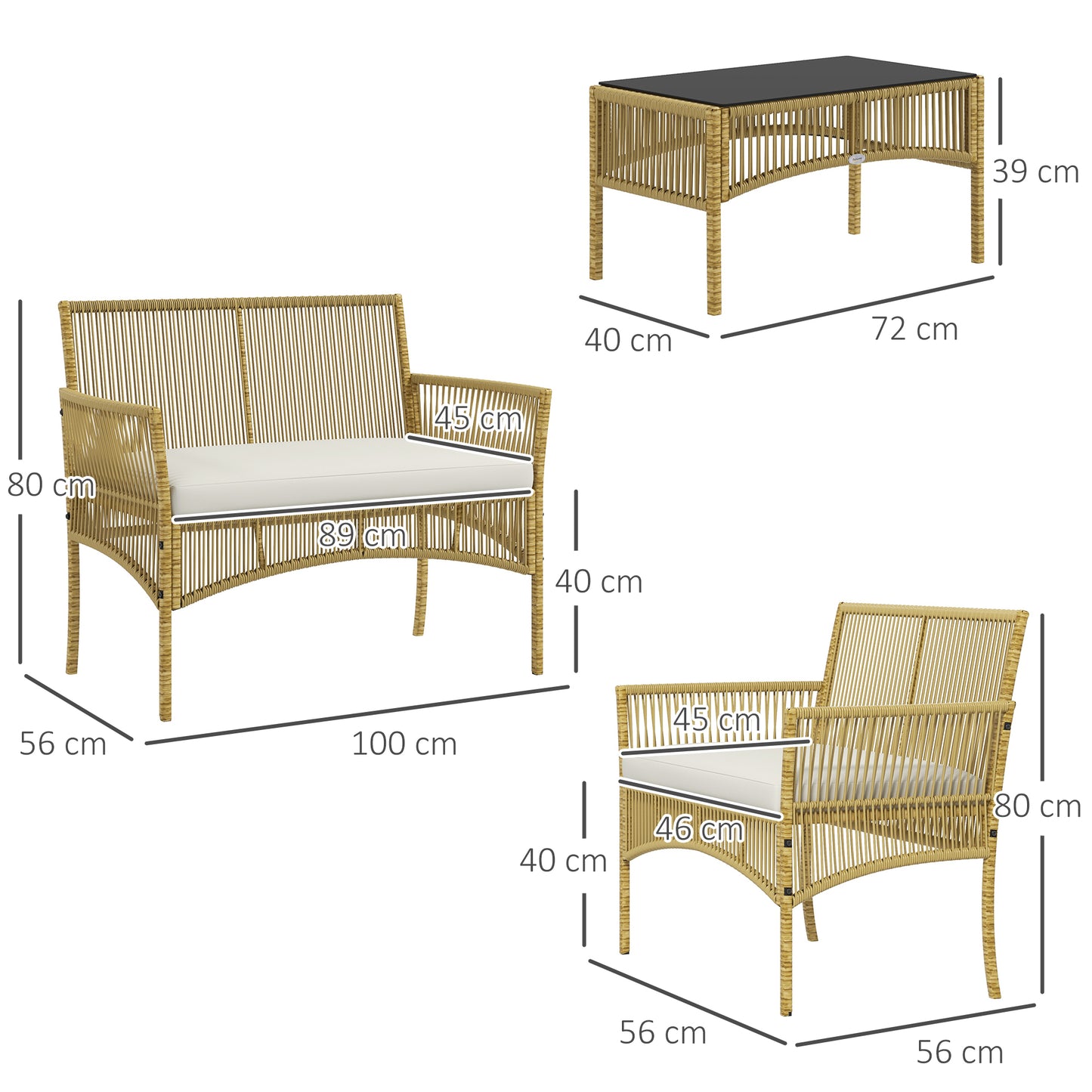 MYSTIKO | 4 Piece Rattan Garden Set with 2 Chairs, Sofa and Coffee Table, Natural and Black