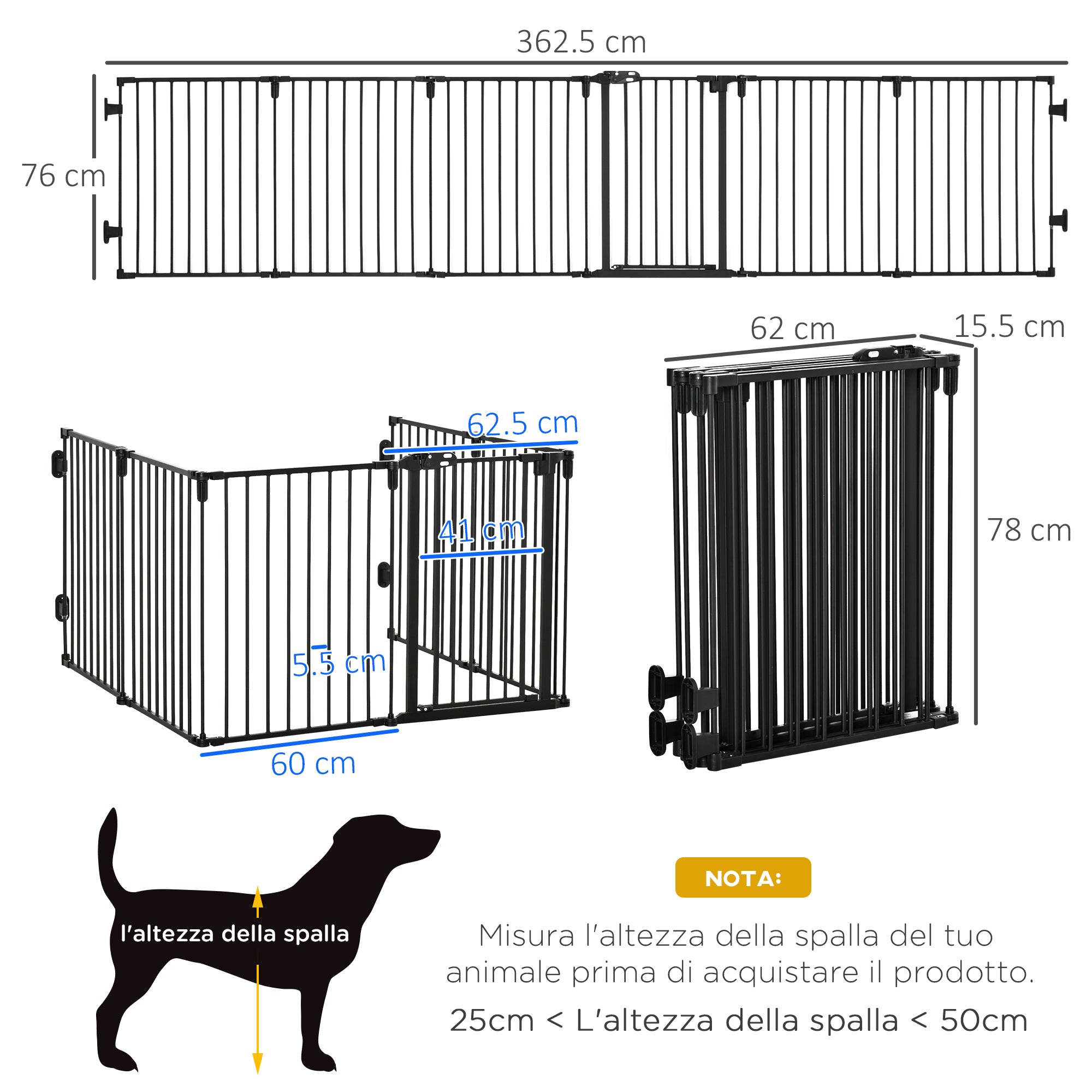 Folding Safety Gate 6 Sections, Steel Dog Barrier Gate, Automatic Locking and Closing System, Black - Borgè