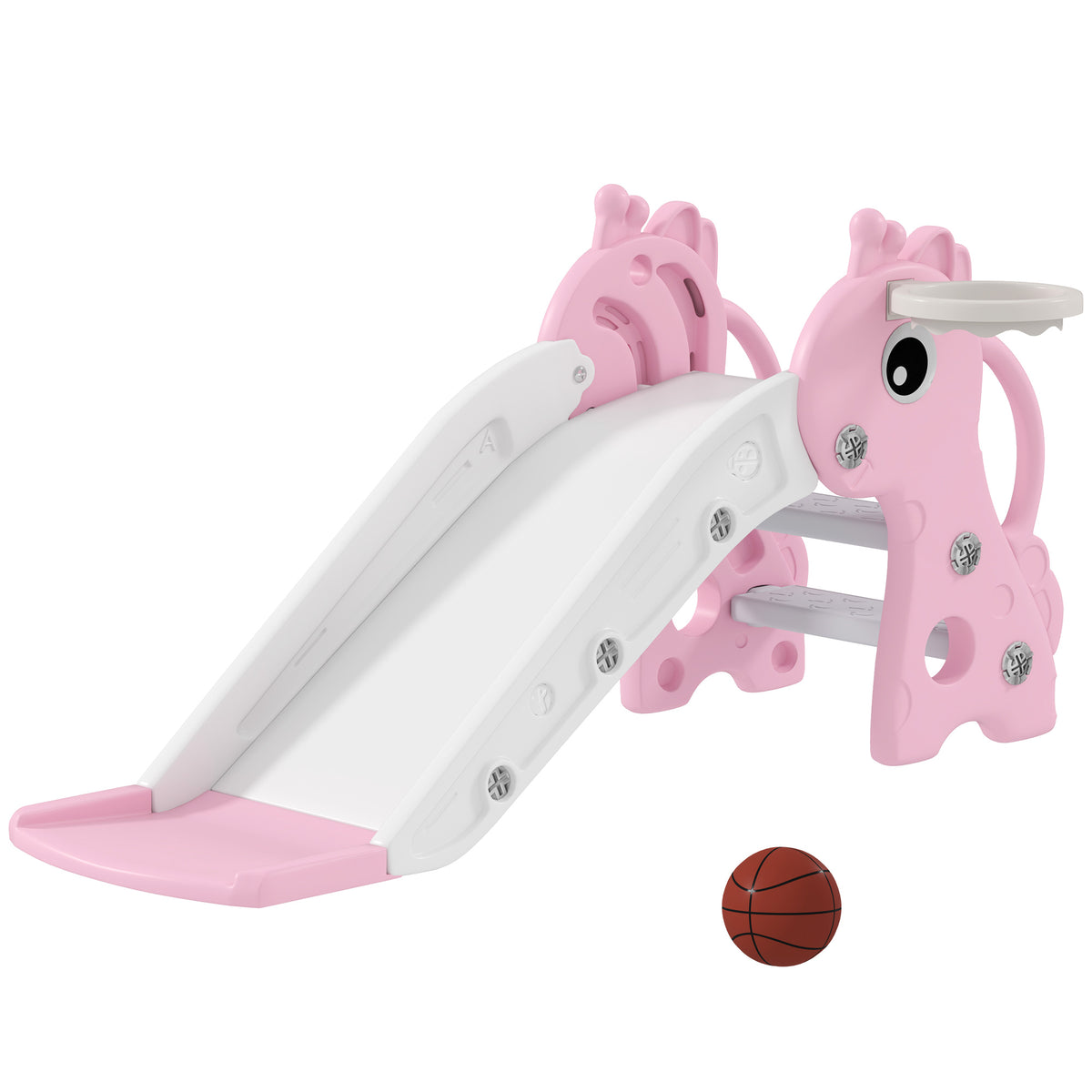 AIYAPLAY Kids Slide with Ladder, Basketball Hoop and Ball, Giraffe Design, for Children 1-3 Years Old, Pink