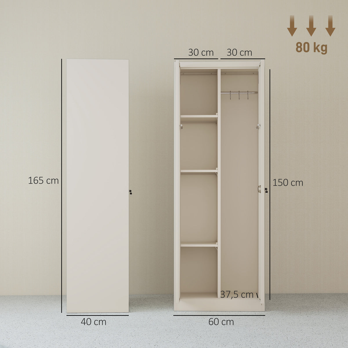 HOMCOM Steel Tool Cabinet with Lock, Adjustable Doors and Shelves, 80 kg Capacity, Cream