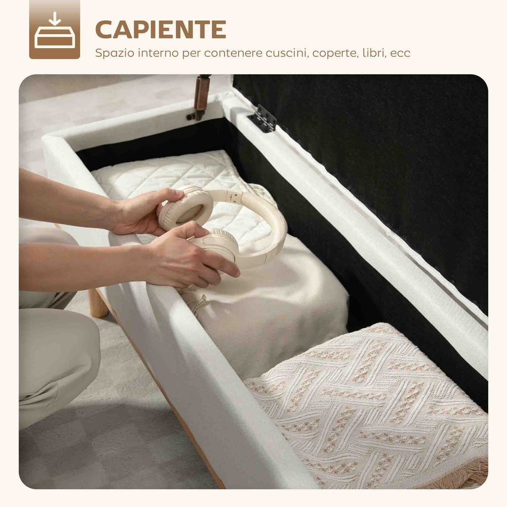 80L Padded Storage Bench with Fabric Upholstery and Wooden Legs, 118x42x45 cm, Cream