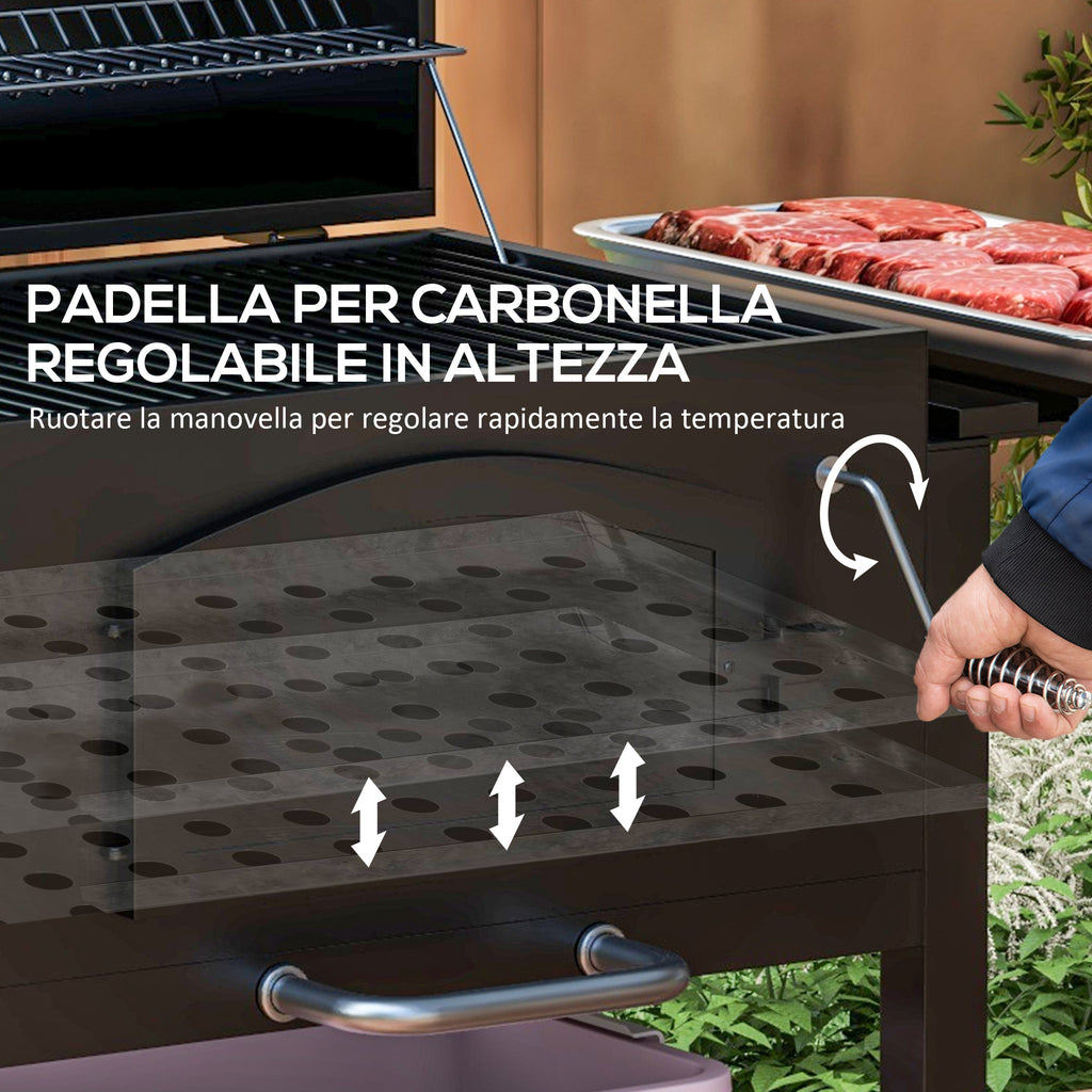 Outsunny 2-Wheel Garden Barbecue with Grill, Smoker and Stove, in Metal and Cast Iron, 124x66x112 cm, Black - Borgè