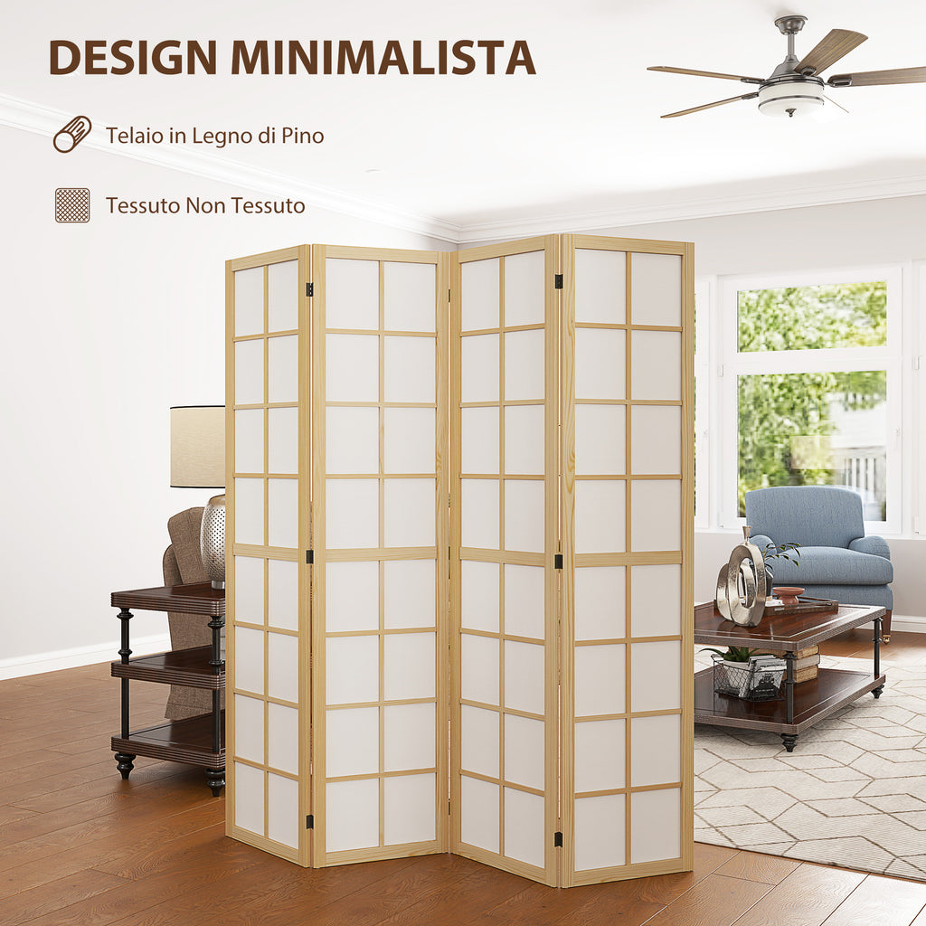 4-Panel Folding Room Divider in Wood and Fabric, 160x170 cm, Wood and White Color