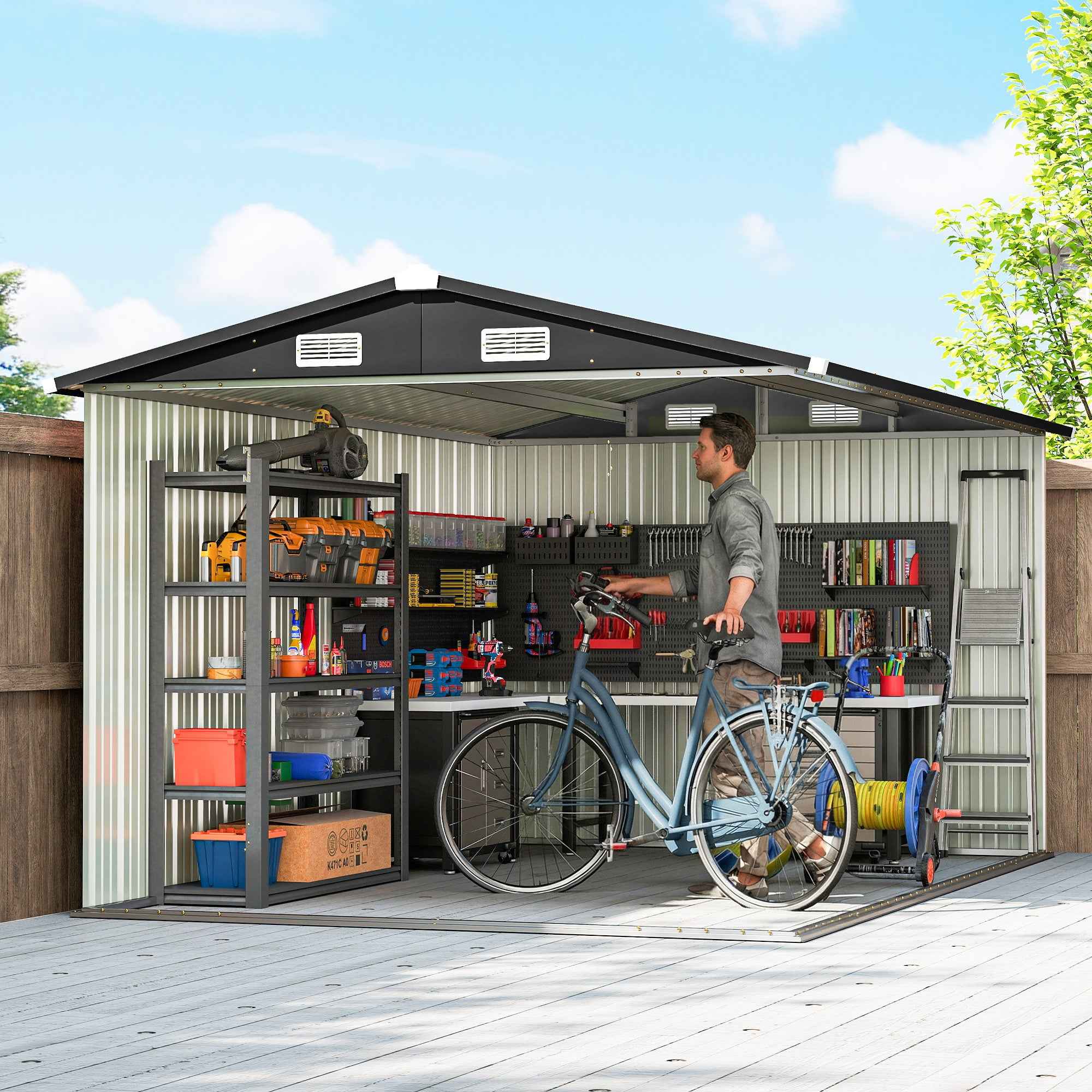 Outsunny 305 x 245 cm Metal Storage Shed, Sturdy Garden Shed with 4 Vents and Lockable Double Doors, Brown
