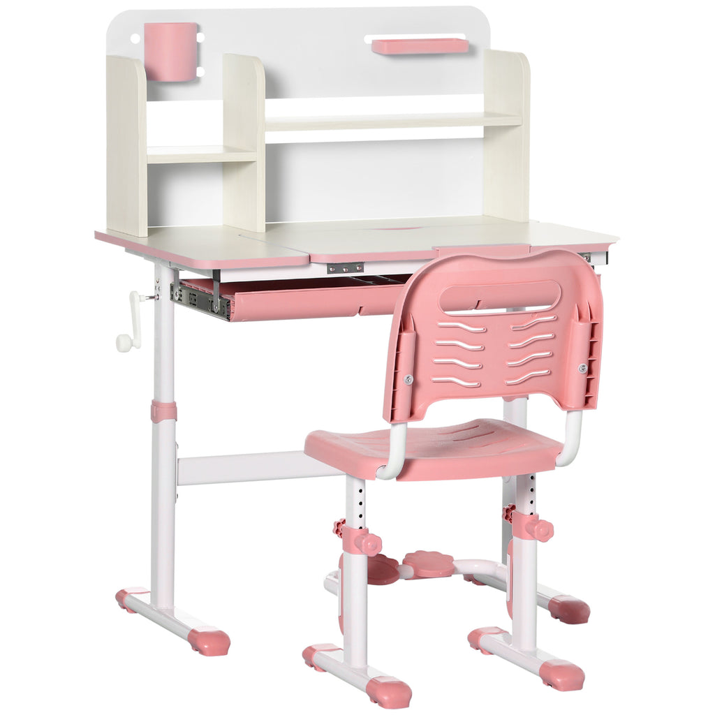 Children's Desk and Chair Set for Ages 3 and Up, Adjustable 60° Tiltable Table with Drawer and Shelves, Pink