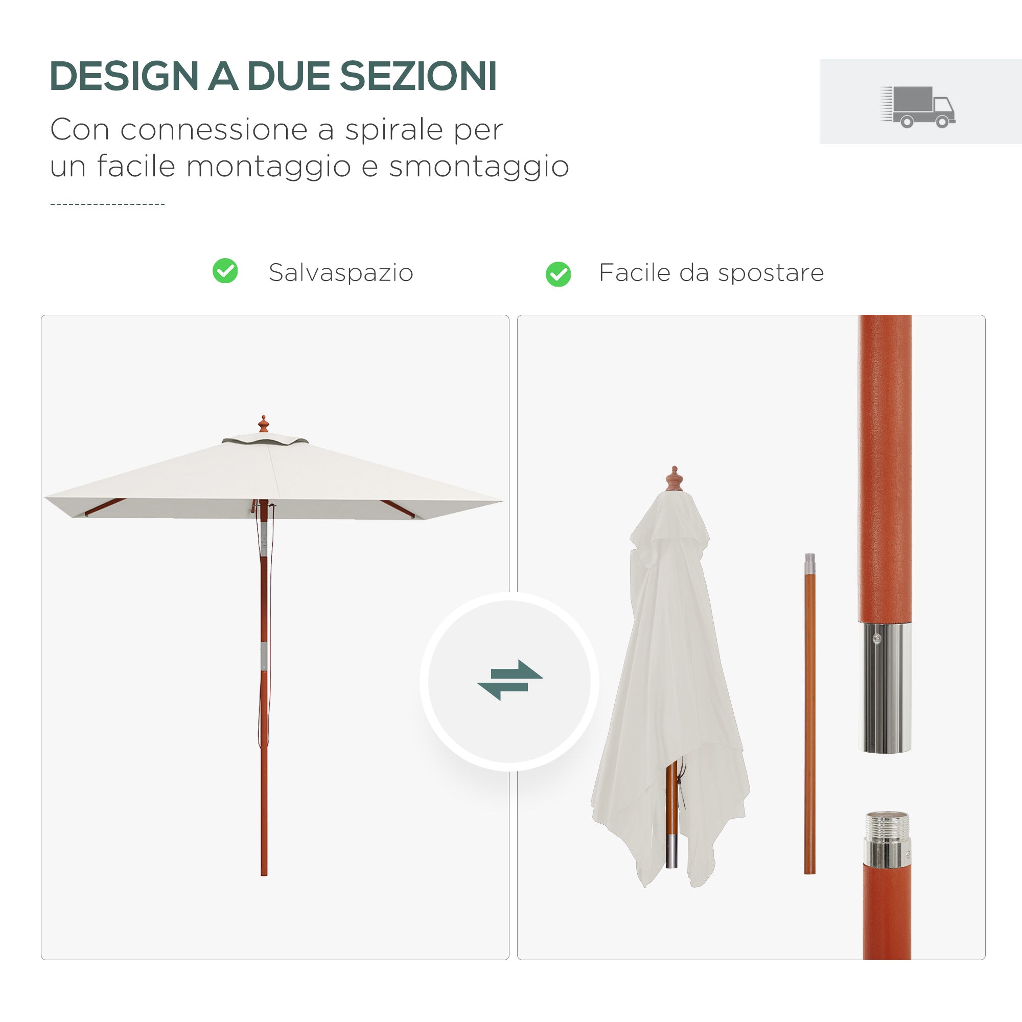 Rectangular Tilting Umbrella 2x1.5 m with 6 Ribs and Rope Opening, in Bamboo and Beige Polyester