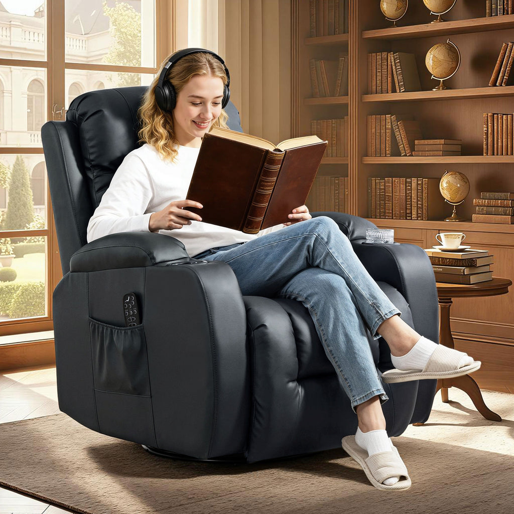 Heated Massage Recliner, 8 Massage Points and 3 Modes with Remote Control, PU Leather, Black