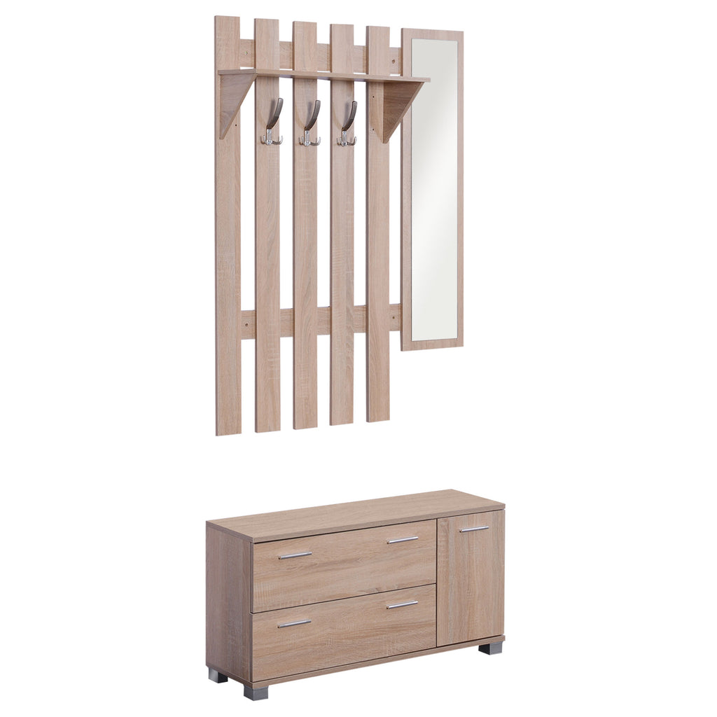 3-in-1 Wardrobe Furniture Set with Mirror and Shoe Rack for Entrance Hallway, Chipboard, 90 x 21.5 x 116cm, Oak