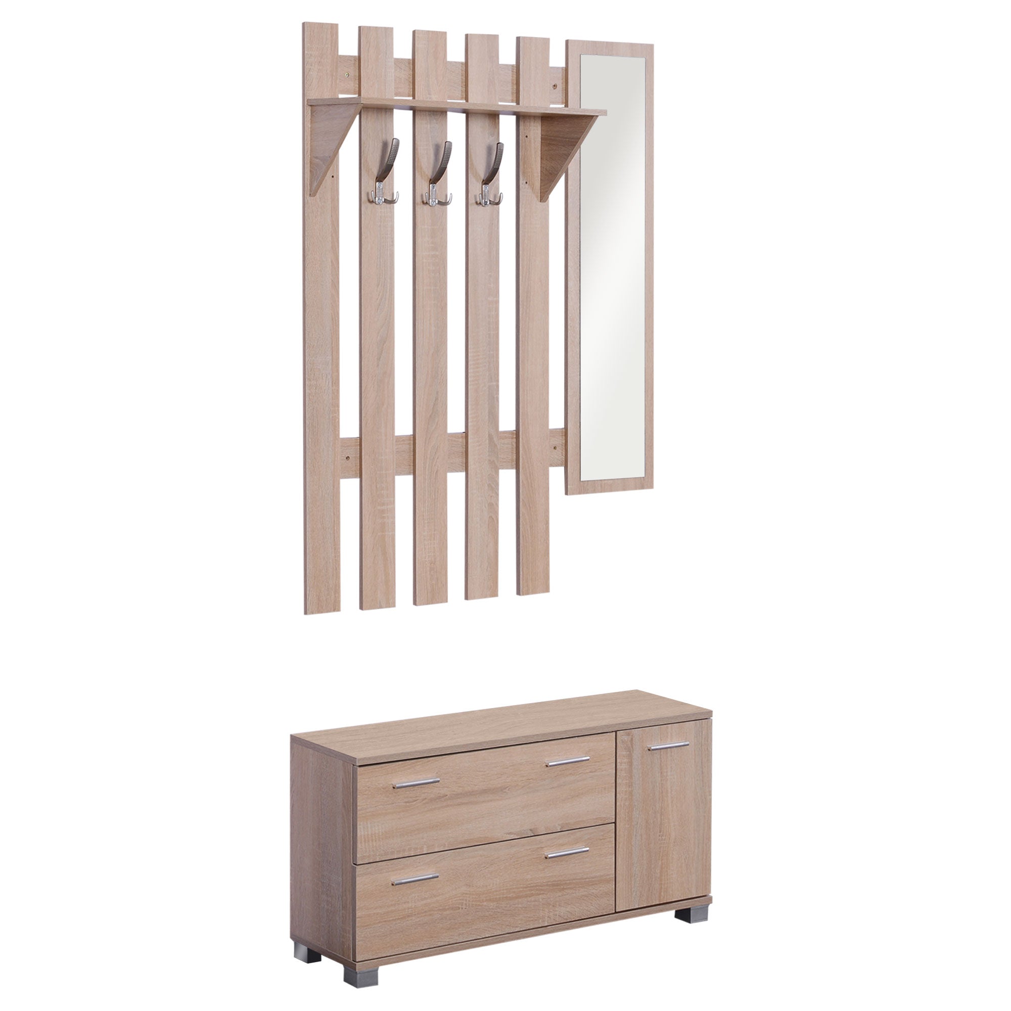 3-in-1 Wardrobe Furniture Set with Mirror and Shoe Rack for Entrance Hallway, Chipboard, 90 x 21.5 x 116cm, Oak