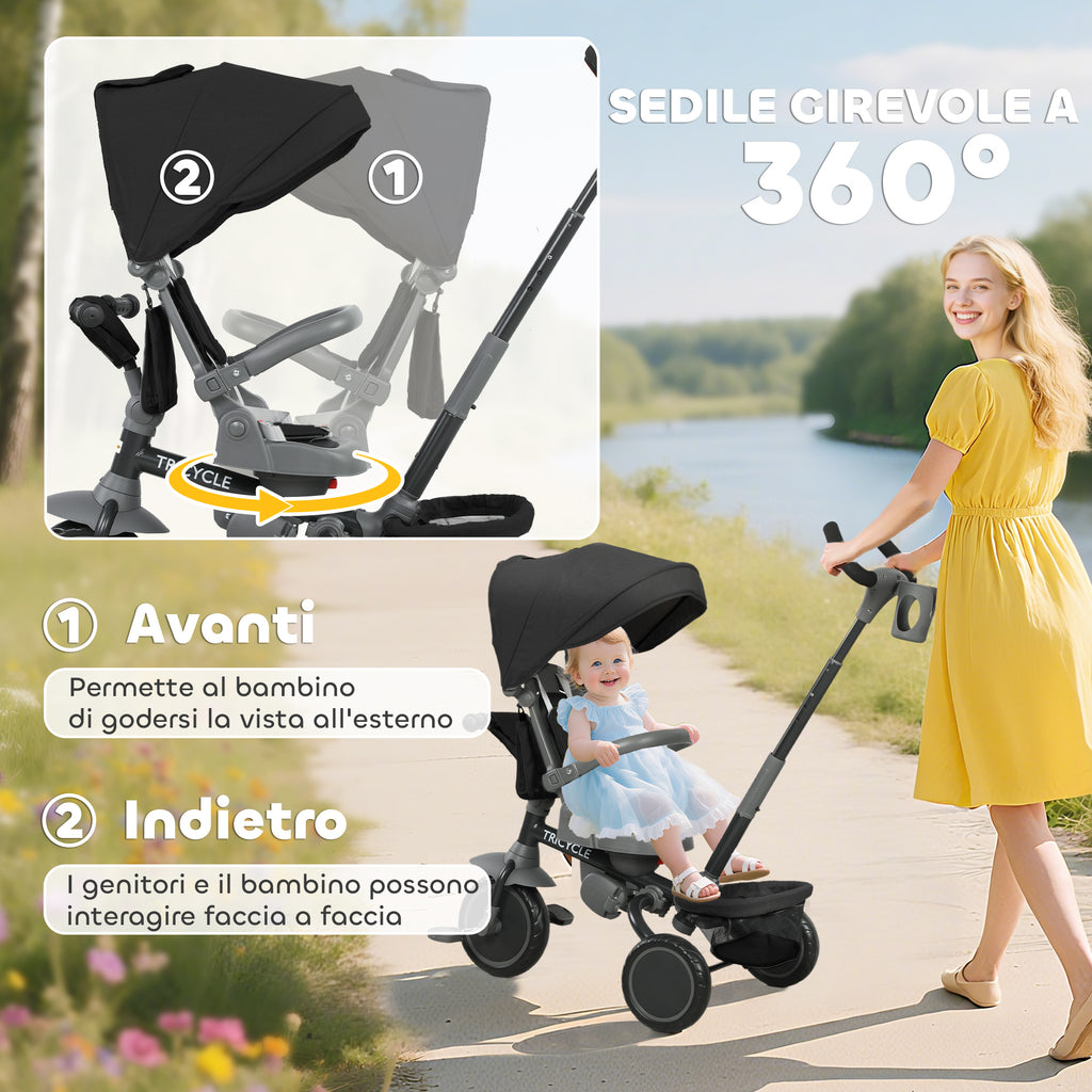 6-in-1 Children's Tricycle with Push Handle and Swivel Seat, 111.5x52x98 cm, Black