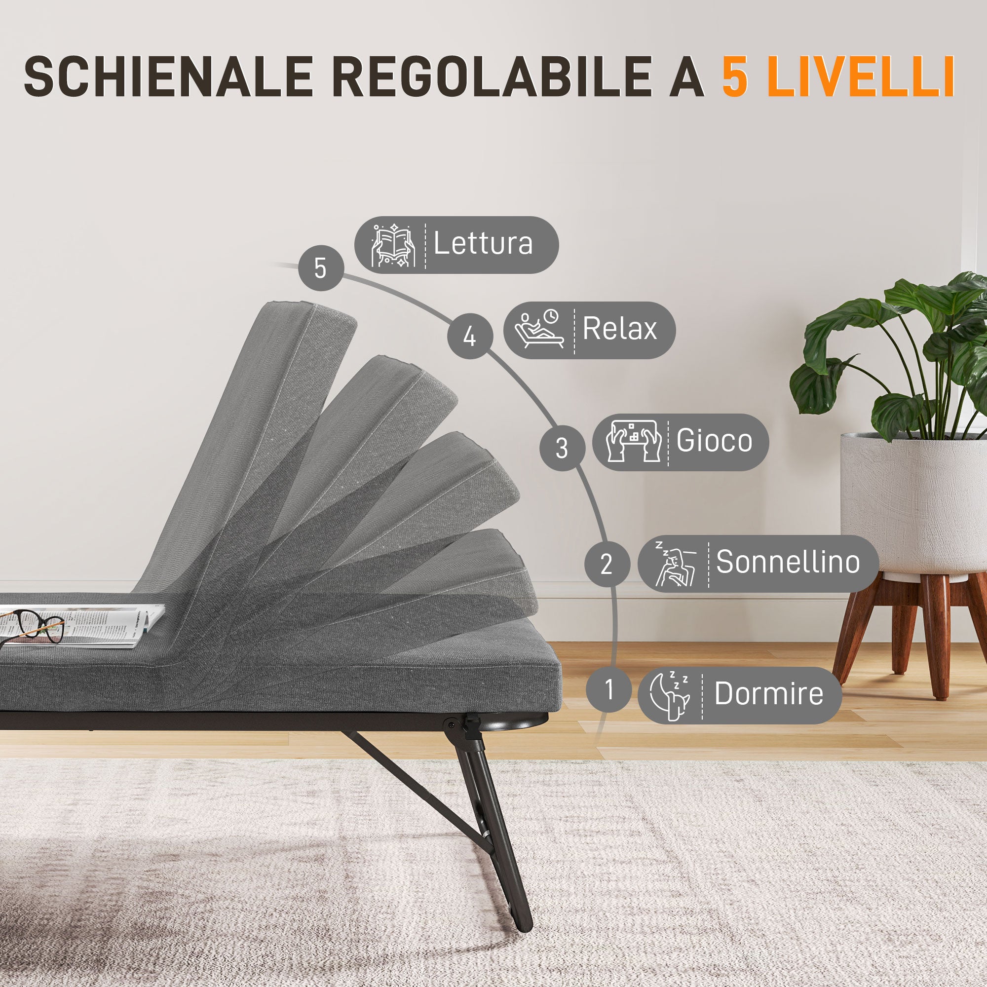 Folding Bed on 5 Levels with Mattress and 4 Casters, in Metal and Linen Effect Fabric, 180x70x38 cm, Gray