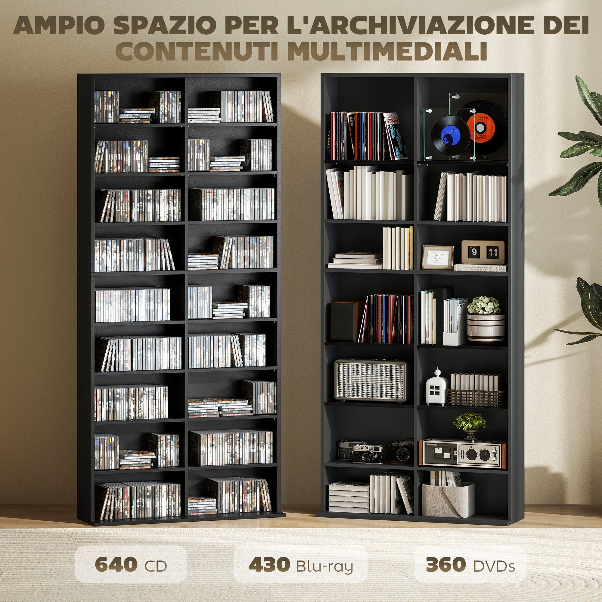 CD Rack with 14 Adjustable Shelves, 640 CDs/360 DVDs Capacity, 78.5x24x175 cm, Black