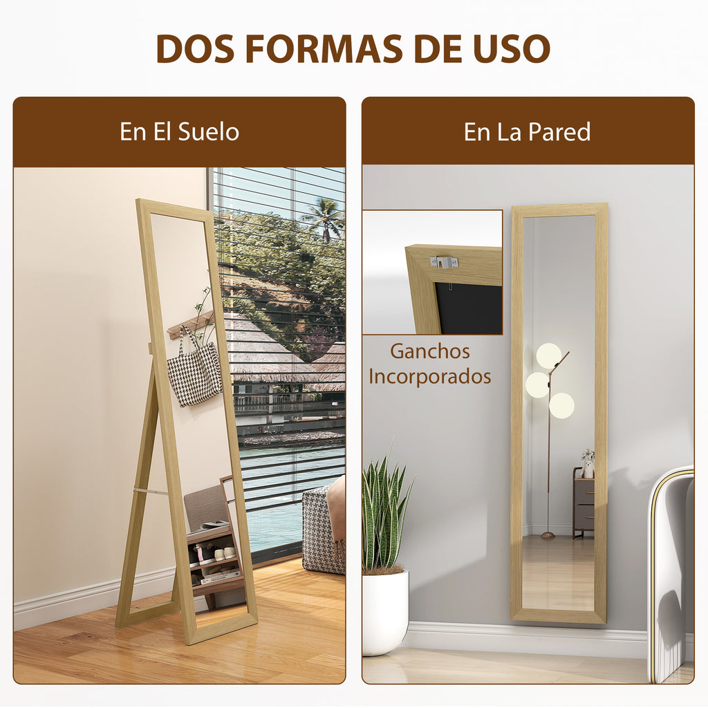 HOMCOM Vertical Wall or Floor Mirror with MDF Frame, 37x40x155 cm, Oak and Transparent