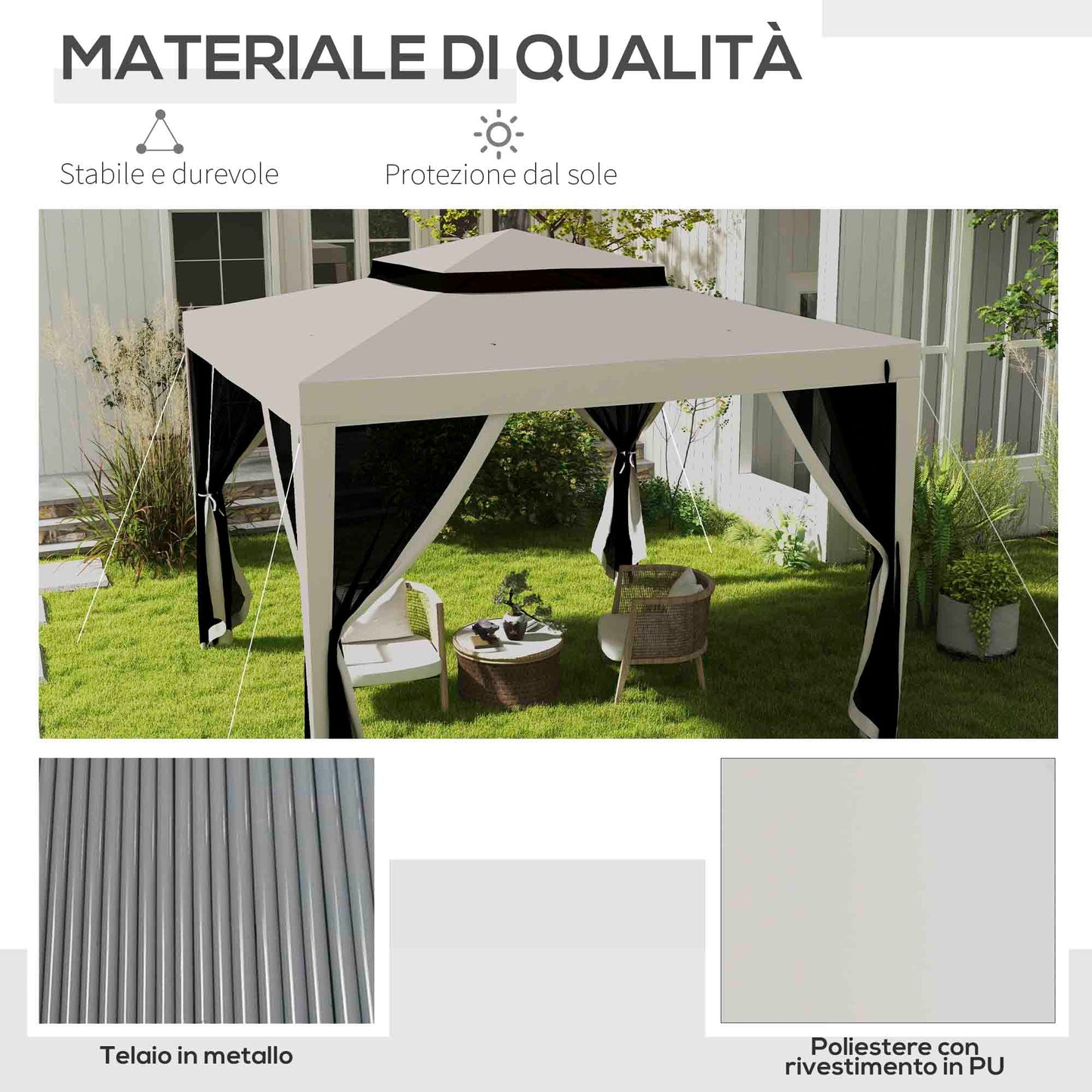 Garden Gazebo 3x3 m with Mosquito Net, Flysheet and 8 Holes, Steel and Polyester Cream White