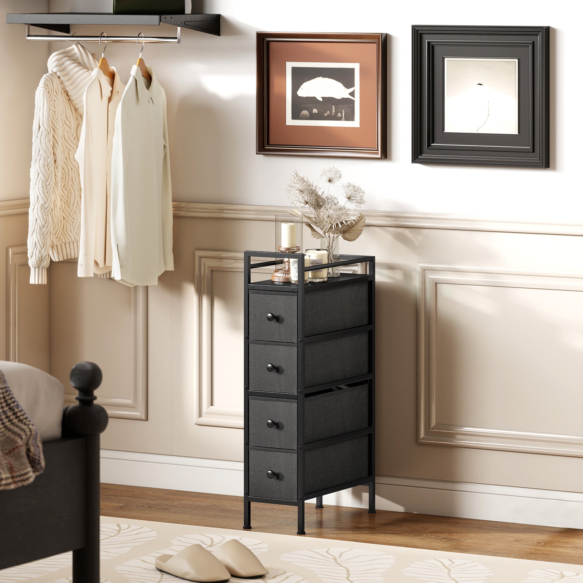 HOMCOM Space-Saving Slim Fabric Chest of Drawers with 4 Drawers, Steel Frame for Bedroom, Living Room, Black