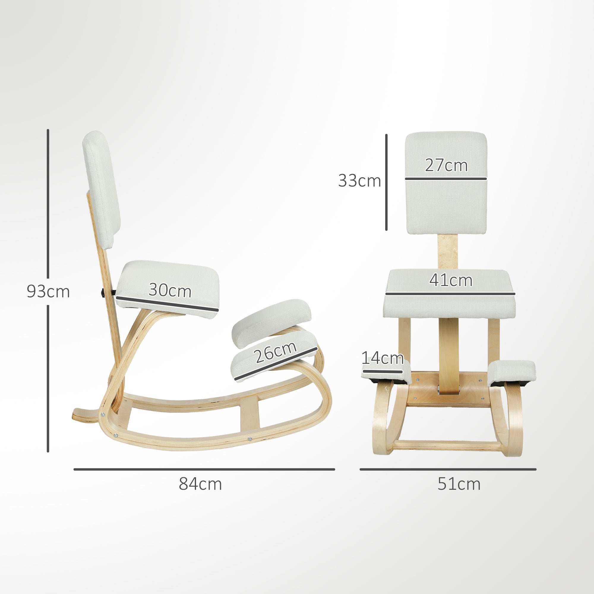 Rocking Kneeling Chair in Linen-Effect Fabric and Birch Wood, 51x84x93 cm, Cream