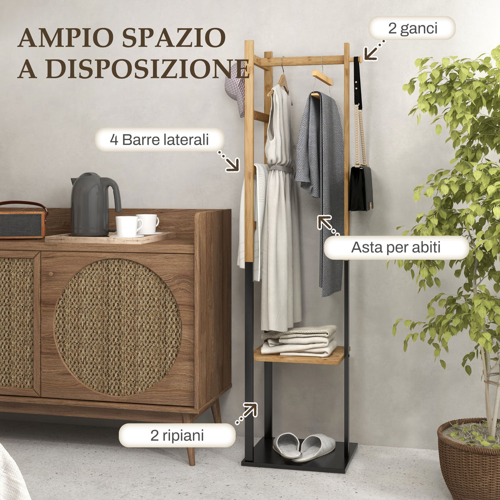 Freestanding Coat Rack with Central Bar, 4 Side Bars, 2 Hooks and 2 Shelves, Wood and Black