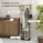 Freestanding Coat Rack with Central Bar, 4 Side Bars, 2 Hooks and 2 Shelves, Wood and Black