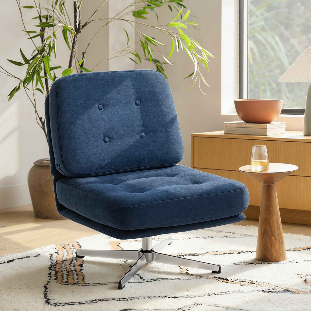 Swivel Living Room Chair in Chenille Effect Fabric and Metal, 70x87x84 cm, Dark Blue