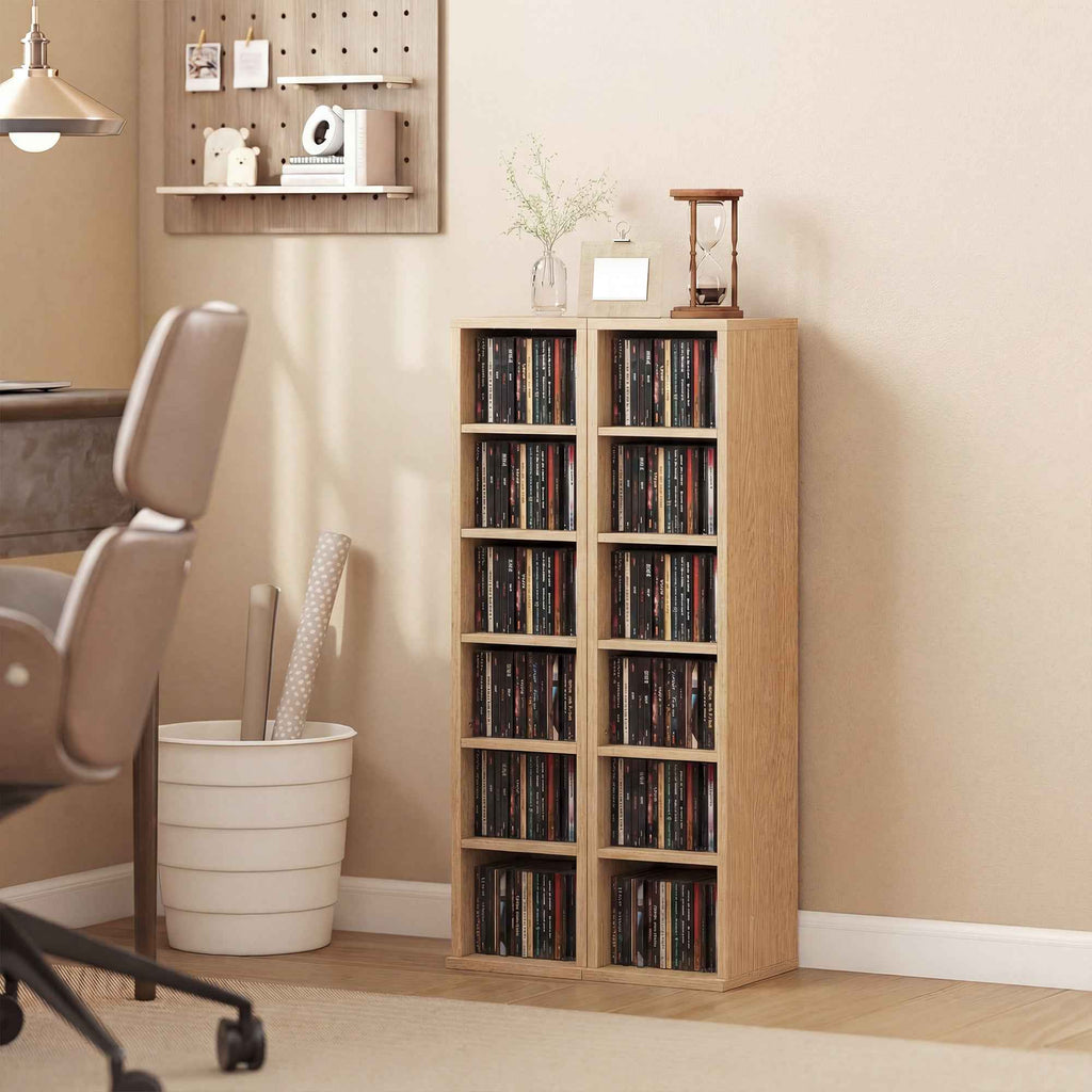 HOMCOM Set of 2 CD Racks with 6 Adjustable Shelves for 204 CDs, Wooden, 21x22.5x88.5 cm, Wood Color