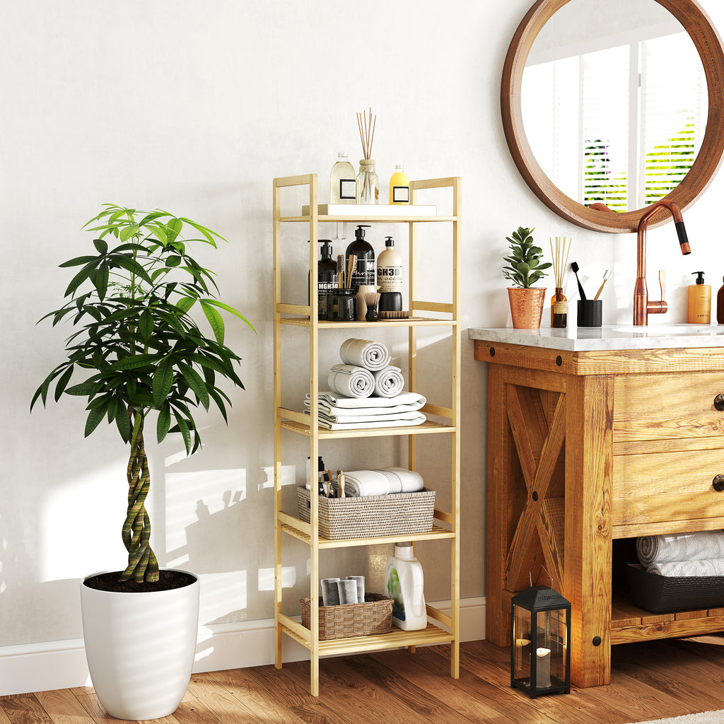 Bathroom Shelf with 5 Height-Adjustable Shelves in Bamboo, 43.5x31.5x142 cm, Natural Wood