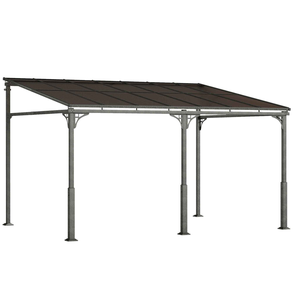 Outsunny 4x3 m Lean-to Pergola with Polycarbonate, Metal, and Aluminum Roof with Screws, Brown