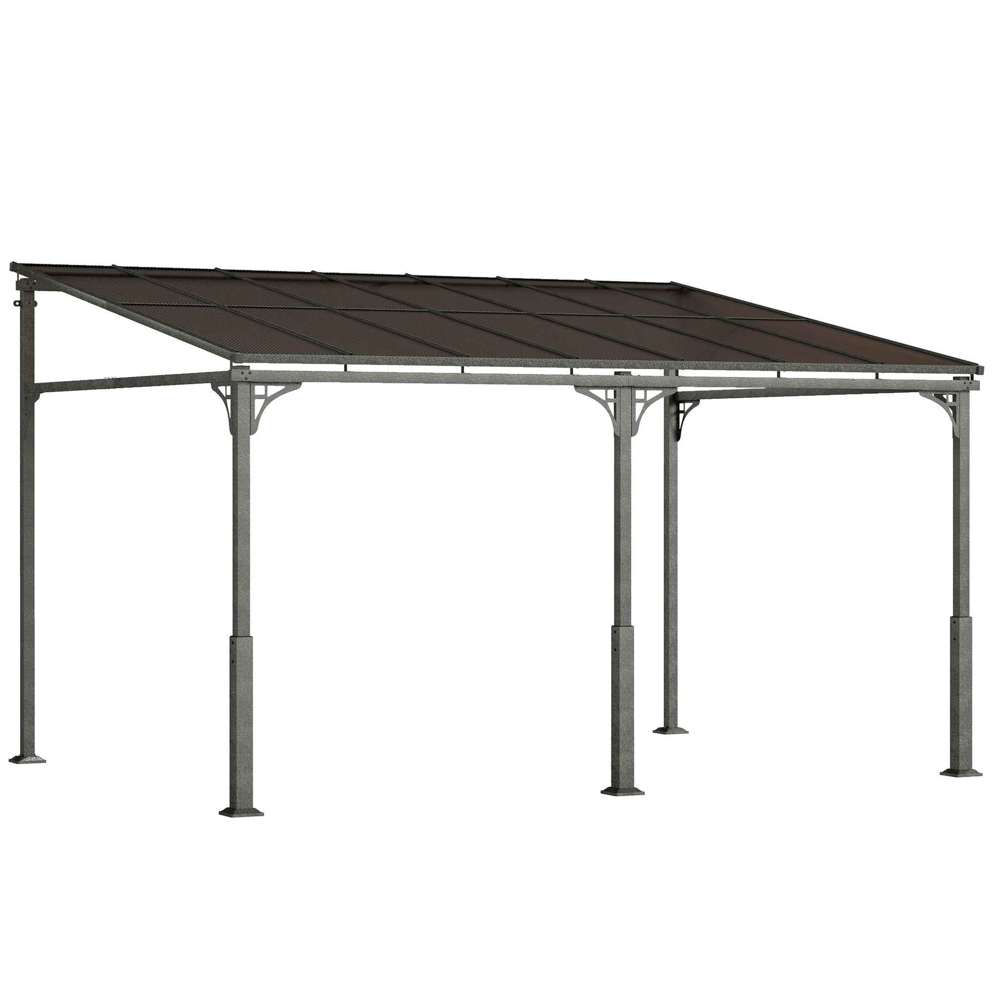 Outsunny 4x3 m Lean-to Pergola with Polycarbonate, Metal, and Aluminum Roof with Screws, Brown