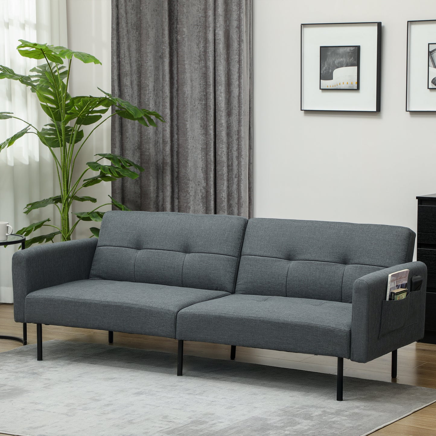 Clic Clac Sofa Bed with Adjustable Backrest in Linen Effect, Wood and Steel Fabric, 200x77x72 cm, Grey