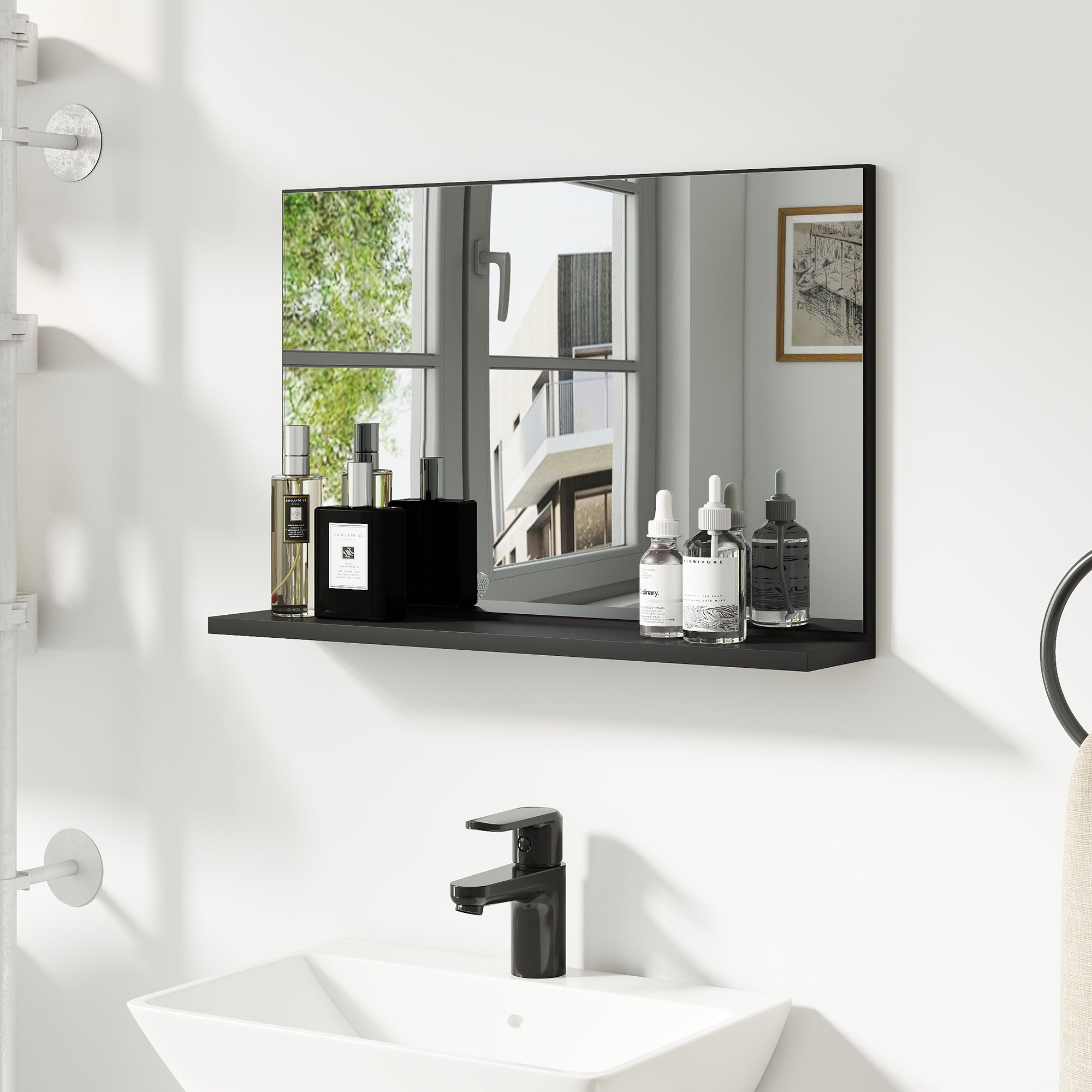 Wall-Mounted Bathroom Mirror with Shelf, Modern and Multipurpose Design, 60x12x40 cm, Black