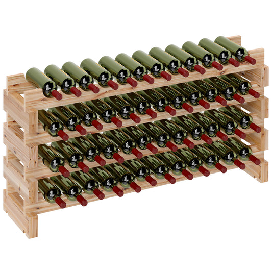 Pine Wood Wine Rack, Wine Cellar with 4 Shelves for 48 Bottles, 114x28x56.5 cm, Wood Color