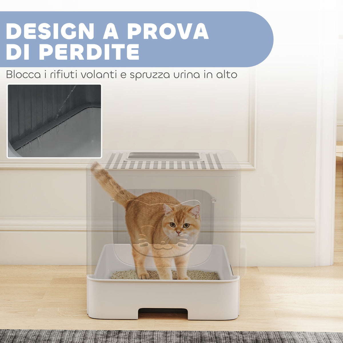 PawHut Cat Litter Box M 60L with Lid, Removable Tray, Scoop, Anti-Leak, Easy to Clean, Grey