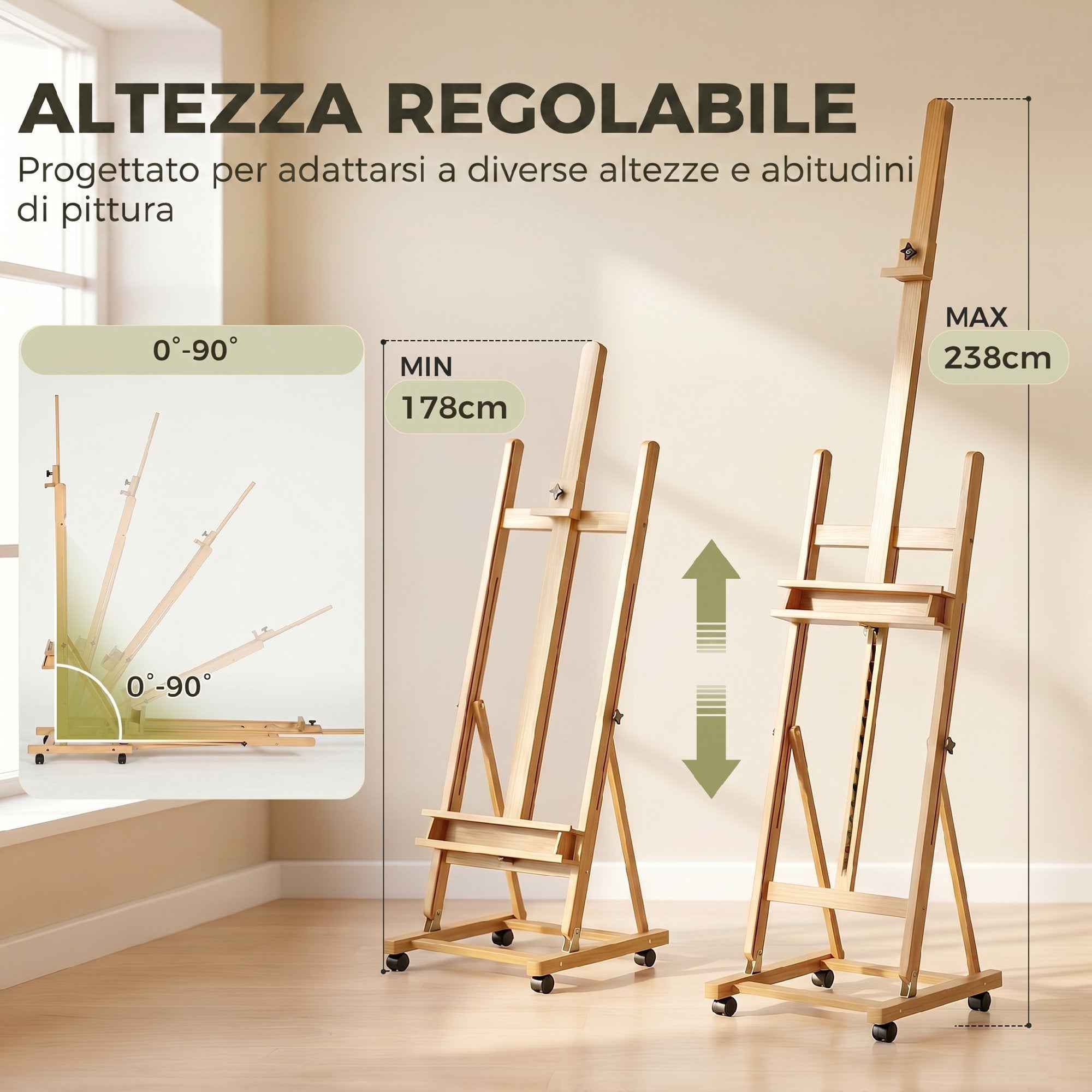Vinsetto Folding Easel with Wheels, for Painting on Canvas, in Adjustable Beech, for Studio, Artists and Painters